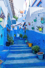 Chefchaouen town in Morocco, known as the Blue Pearl, famous for its striking blue color painted medina buildings and streets, creating a unique and magical atmosphere.