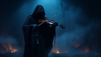 A mystical figure in a black robe plays the evil music of death on a violin. - obrazy, fototapety, plakaty