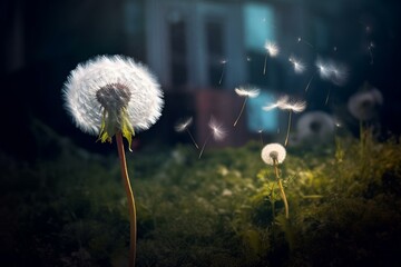 a dandelion swaying on a shadowy backdrop with a hazy dandelion in the foreground. Generative AI