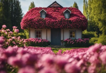 Fototapeta na wymiar AI generated illustration of a house surrounded by a vibrant garden of pink flowers