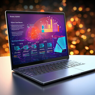 The picture displays a laptop screen filled with intricate data and parameters, illustrating a complex and analytical digital workspace