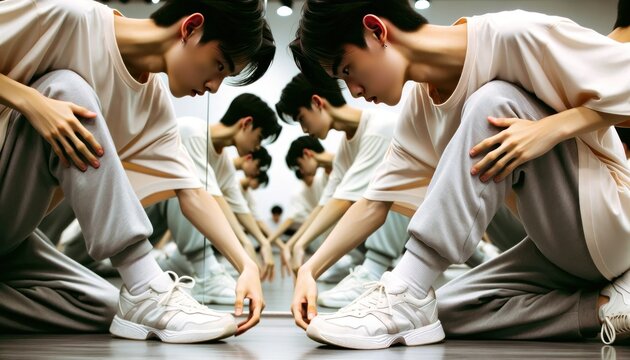 Close-up photo of two Chinese boys from the group, intensely focused on their dance routine. The reflection from the mirrored walls of the studio