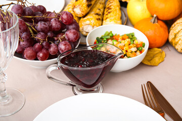 Festive table setting with tasty food for Thanksgiving Day, closeup