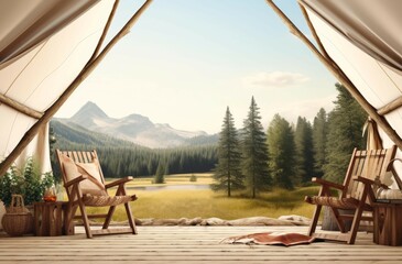 Tranquil Glamping mockup background. Wild mountain. Generate Ai