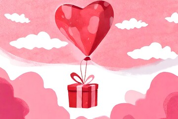 Wasserfarben kleine Geschenkschachtel mit Herzballon am Himmel, Fröhliche Valentinstag, Valentinstagskonzept
