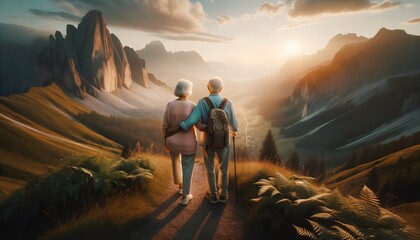 Elderly couple in love holding hands and hiking trough scenic nature, active seniors concept, healthy lifestyle background  - obrazy, fototapety, plakaty