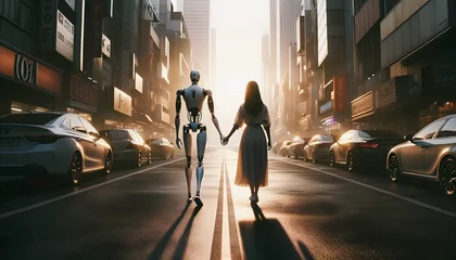 Poster Woman in love with Ai robot, human robot romance concept, futuristic background  © Karlo