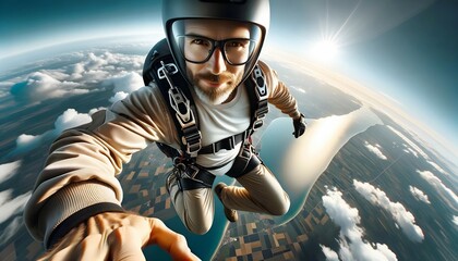 Portrait of man jumping out of plane, skydiving, extreme sports concept background 