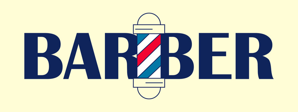 Logo word barbershop. Men Barber Pole. Striped symbol of a men salon. Beauty, hair and beard care. Simple. Isolated image. Vector illustration.