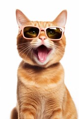 Portrait of happy ginger cat in sunglasses, on white background