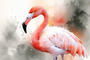 Flamingo with beak hidden in feathers resting in a digital watercolor. Generative AI
