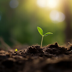 The picture captures the vitality of a vibrant green plant emerging from the earth, symbolizing nature's resilience and growth