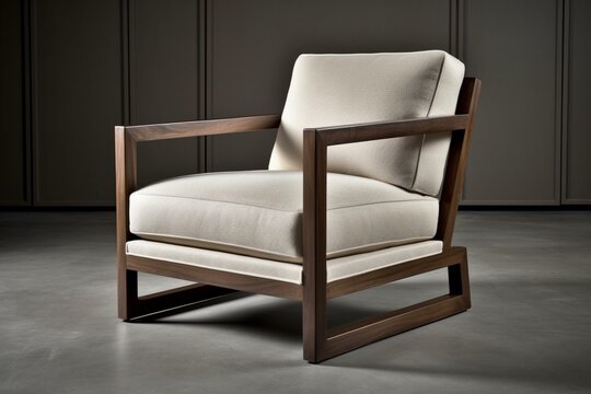 A sleek wooden armchair with plush neutral upholstery. Generative AI