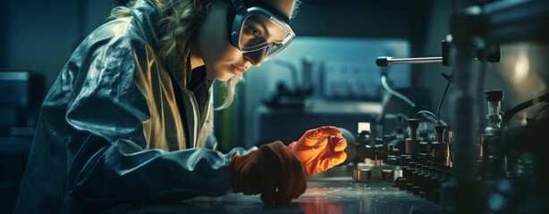 A woman wearing protective gloves and goggles working on an experiment in a laboratory.  - obrazy, fototapety, plakaty
