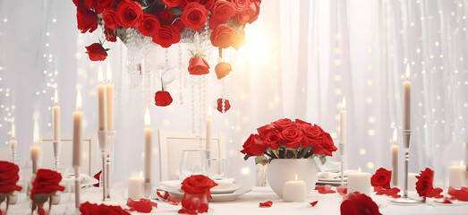 Holiday dinner. Table with roses and candles. Valentine's Day. The 14th of February. Background....