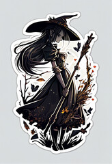 Silhouette of a young witch with a broom. AI Generated