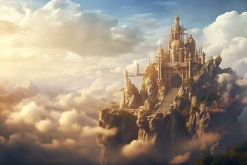 Fantasy backdrop with fortress in the sky above a tiny landmass. Generative AI