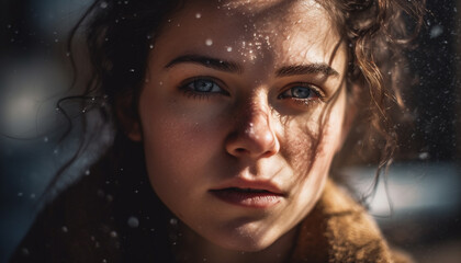 Young woman with brown hair looking at camera in the rain generated by AI