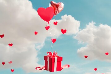 Geschenkschachtel mit Herzballon am Himmel, Fröhliche Valentinstags, Valentinstagskonzept - obrazy, fototapety, plakaty