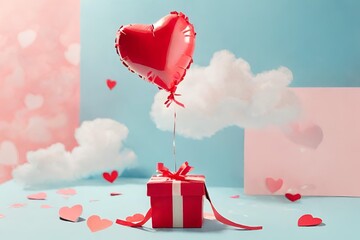 Geschenkschachtel mit Herzballon am Himmel, Fröhliche Valentinstags, Valentinstagskonzept - obrazy, fototapety, plakaty