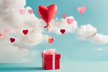 Geschenkschachtel mit Herzballon am Himmel, Fröhliche Valentinstags, Valentinstagskonzept - obrazy, fototapety, plakaty