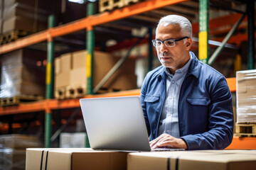 A man working in a warehouse on a laptop