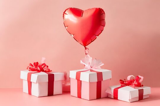 Geschenkschachtel mit Herzballon am Himmel, Fr&ouml;hliche Valentinstags, Valentinstagskonzept
