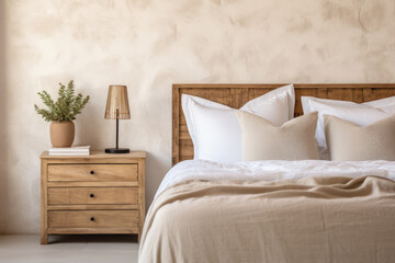 Rustic nightstand near the bed with beige pillows. Interior design of a modern bedroom in a country house