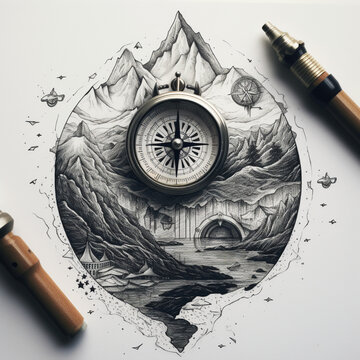 A picture of a compass displays a navigational tool with a directional needle and cardinal points, designed to guide travelers in determining their orientation and heading.