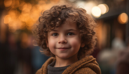 Smiling child, happiness portrait Cheerful, cute boy looking at camera generated by AI
