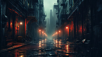 Dark street in dystopian cyberpunk city at night, buildings in rain - obrazy, fototapety, plakaty