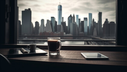 City life  coffee break, skyscraper view, modern office, digital relaxation generated by AI
