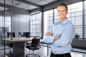 Naklejka na ściany i meble Happy confident business man in office hall, AI generated image