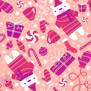 Christmas animals seamless bears and gloves and gifts box and candy and cup of tea pattern for wrapping paper