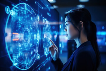 Young Asian woman looking at holographic digital display, futuristic technology