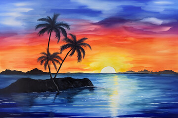 Fototapeta na wymiar Tropical Serenity: A Captivating Watercolor Painting of a Tranquil Sunset in Paradise