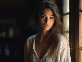 Fototapeta premium Portrait of beautiful young woman near window. 