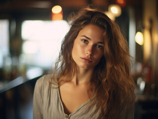 Portrait of beautiful young woman in cafe