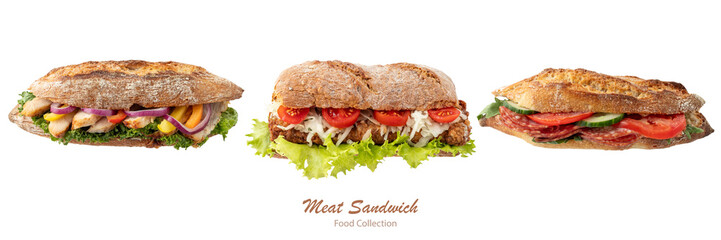 Fresh baked sandwich baguettes filled with sliced chicken breast, grilled minced meat cutlet,...