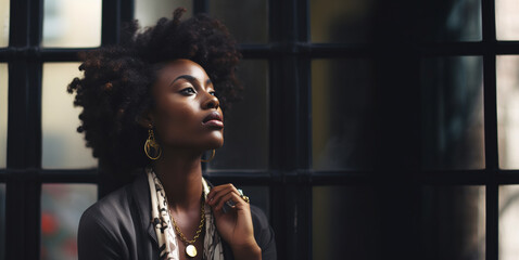 Portrait of beautiful young black woman thinking or dreaming about something