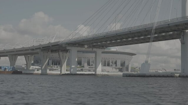 Establishing shot at the Gazprom Arena stadium, view from the Neva River. S log3