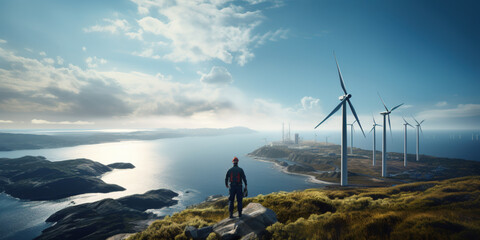 Worker on top of an offshore wind turbine looking proudly at the vast ocean - obrazy, fototapety, plakaty