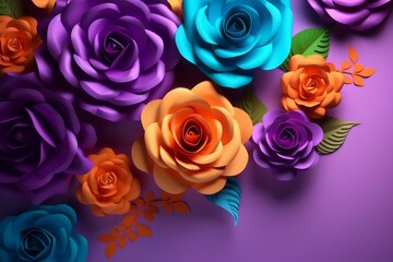 Colorful flower backdrop with violet, purple, and orange roses in 3D. Generative AI