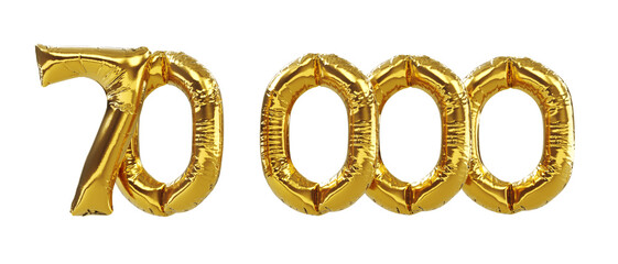 3D render of 70k or 70000 followers thank you Gold balloons, seventy thousand gold number balloons
