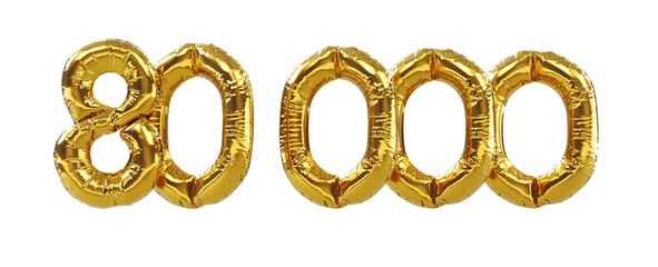 3D render of 80k or 80000 followers thank you Gold balloons, eighty thousand gold number balloons