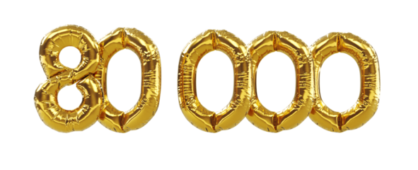 3D render of 80k or 80000 followers thank you Gold balloons, eighty thousand gold number balloons