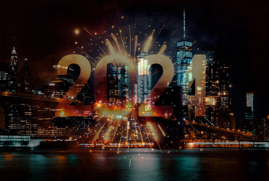 Ic&oacute;nico puente de Brooklyn de noche recibiendo al a&ntilde;o nuevo 2024. Nueva York 2024. Fiesta New York 2024. Foto del puente de Brooklyn con las letras 2024.