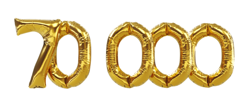 3D render of 70k or 70000 followers thank you Gold balloons, seventy thousand gold number balloons