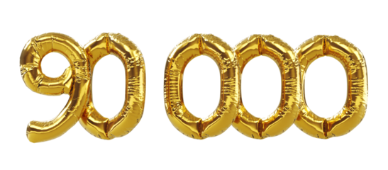 3D render of 90k or 90000 followers thank you Gold balloons, ninety thousand gold number balloons