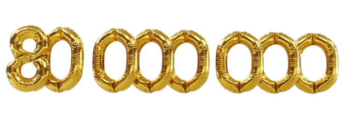 3D render of 80m or 80000000 followers thank you Gold balloons, eighty millions gold number balloons